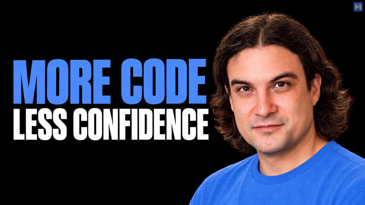 Justin Reock against a black background beside the blue and white headline “MORE CODE / LESS CONFIDENCE”.