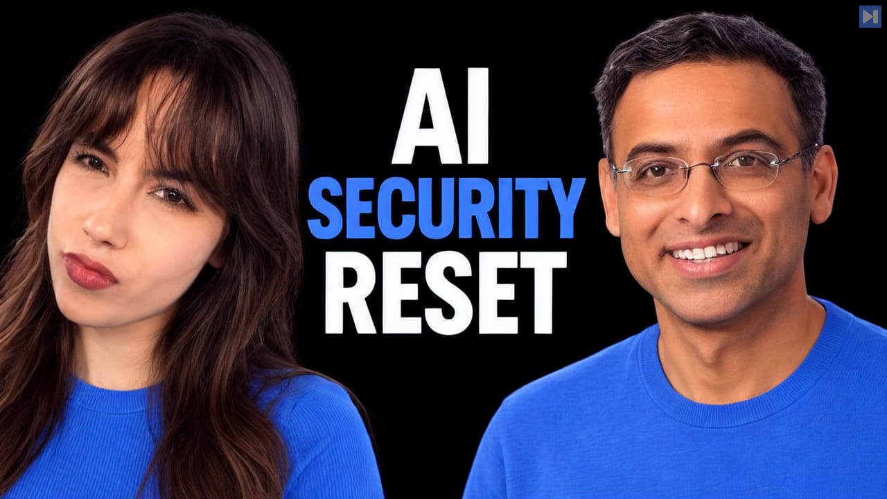 Sofia Puccini and Anand Oswal in blue tops flank the headline AI SECURITY RESET on black.