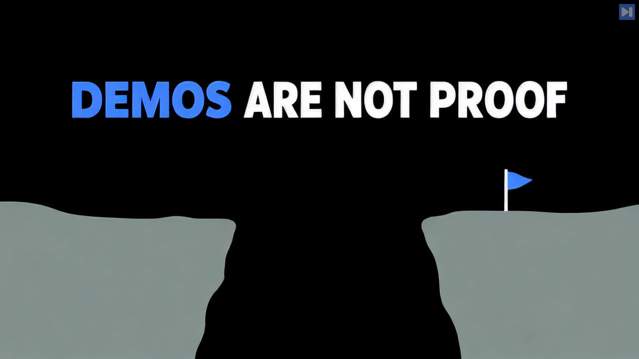 Two flat grey landforms separated by a black gap, one blue flag, and the blue and white headline "DEMOS ARE NOT PROOF".