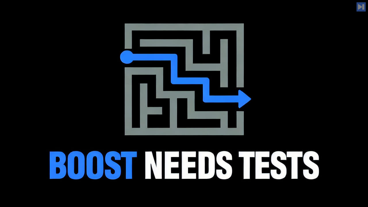 A flat maze with a blue route on black above the blue-and-white headline Boost Needs Tests.