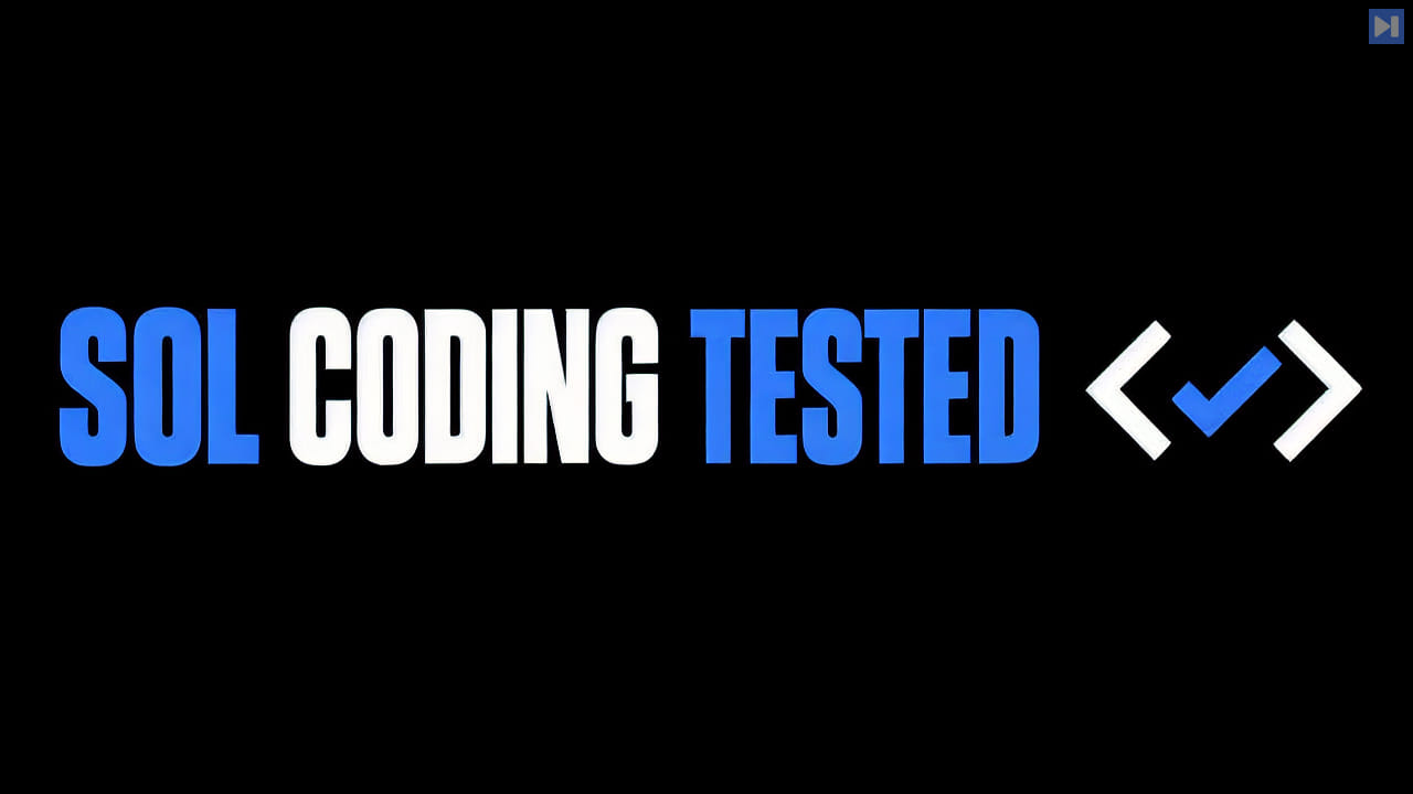 Blue and white SOL CODING TESTED headline beside white coding brackets enclosing a blue check on black.