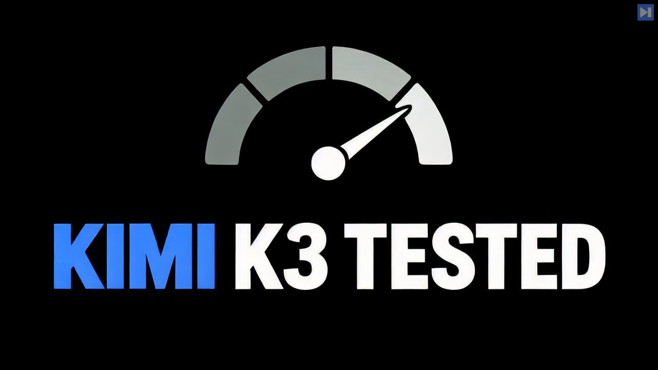A simple flat evaluation gauge on black above the blue-and-white headline Kimi K3 Tested.