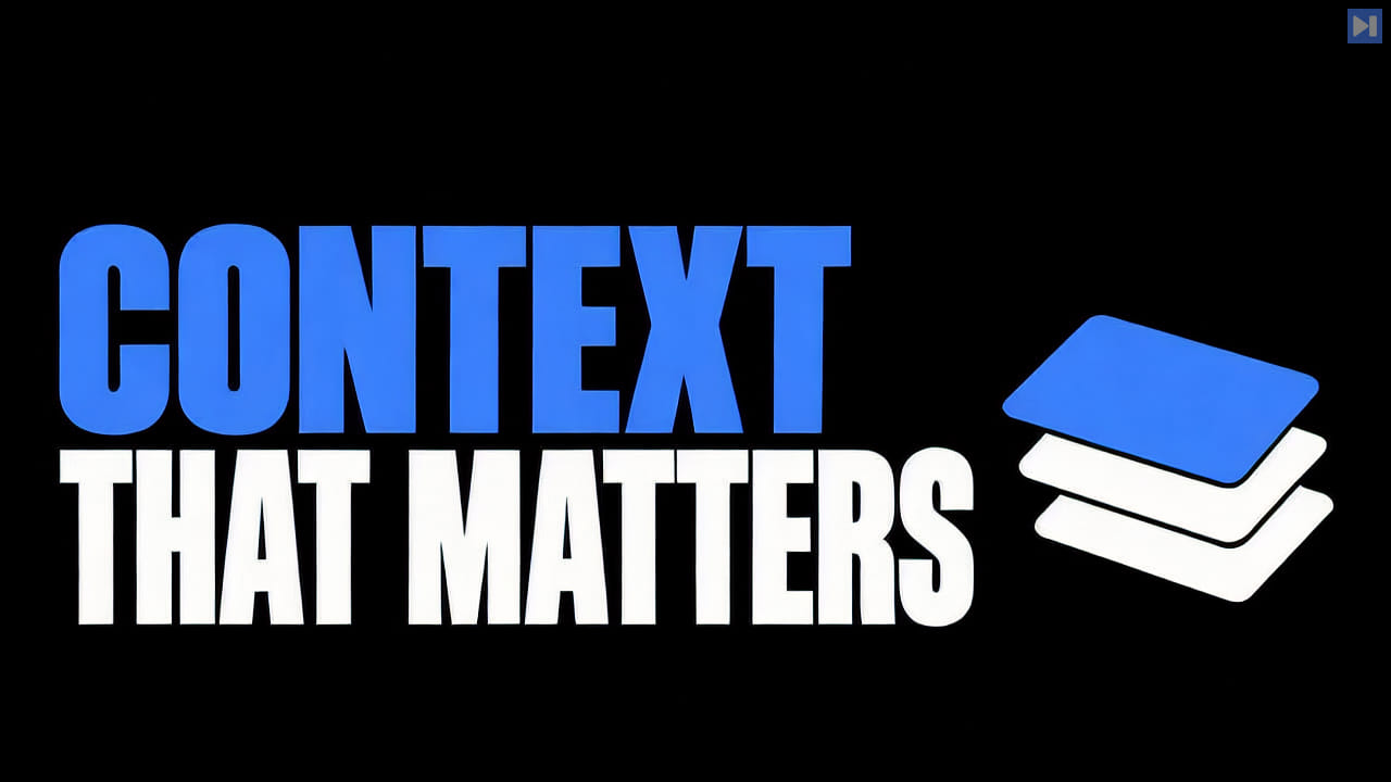 Blue CONTEXT and white THAT MATTERS headline beside three stacked blue and white instruction cards on black.