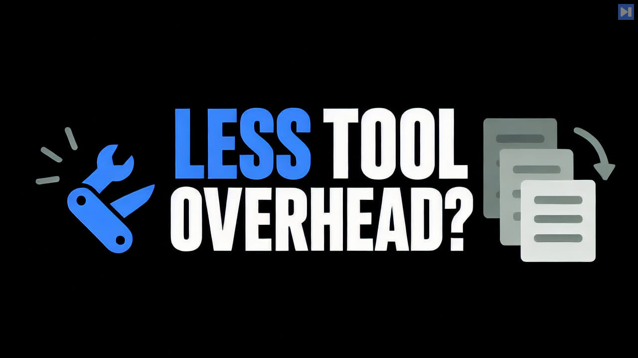 A flat blue compact multi-tool and a small stack of pale document shapes beside the blue-and-white headline "LESS TOOL OVERHEAD?" on black.