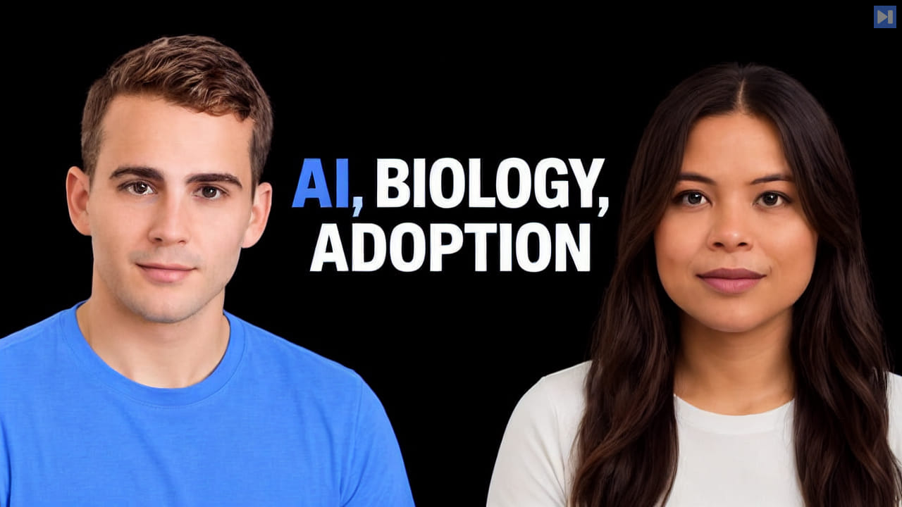 AJ Scaramucci, Sophia Dew beside the blue and white headline AI, BIOLOGY, ADOPTION on a black background.