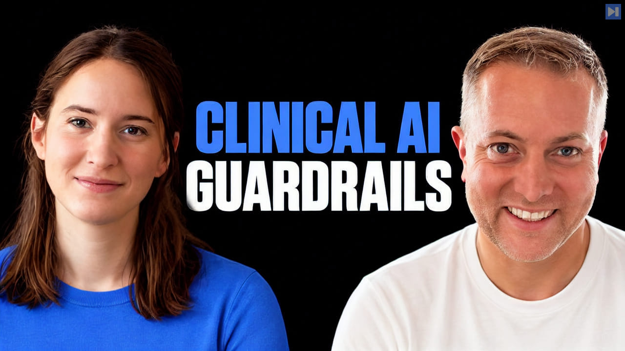 Akele Reed in blue and Dave Revere in an off-white shirt flank the blue-and-white headline “CLINICAL AI GUARDRAILS” on a black background.