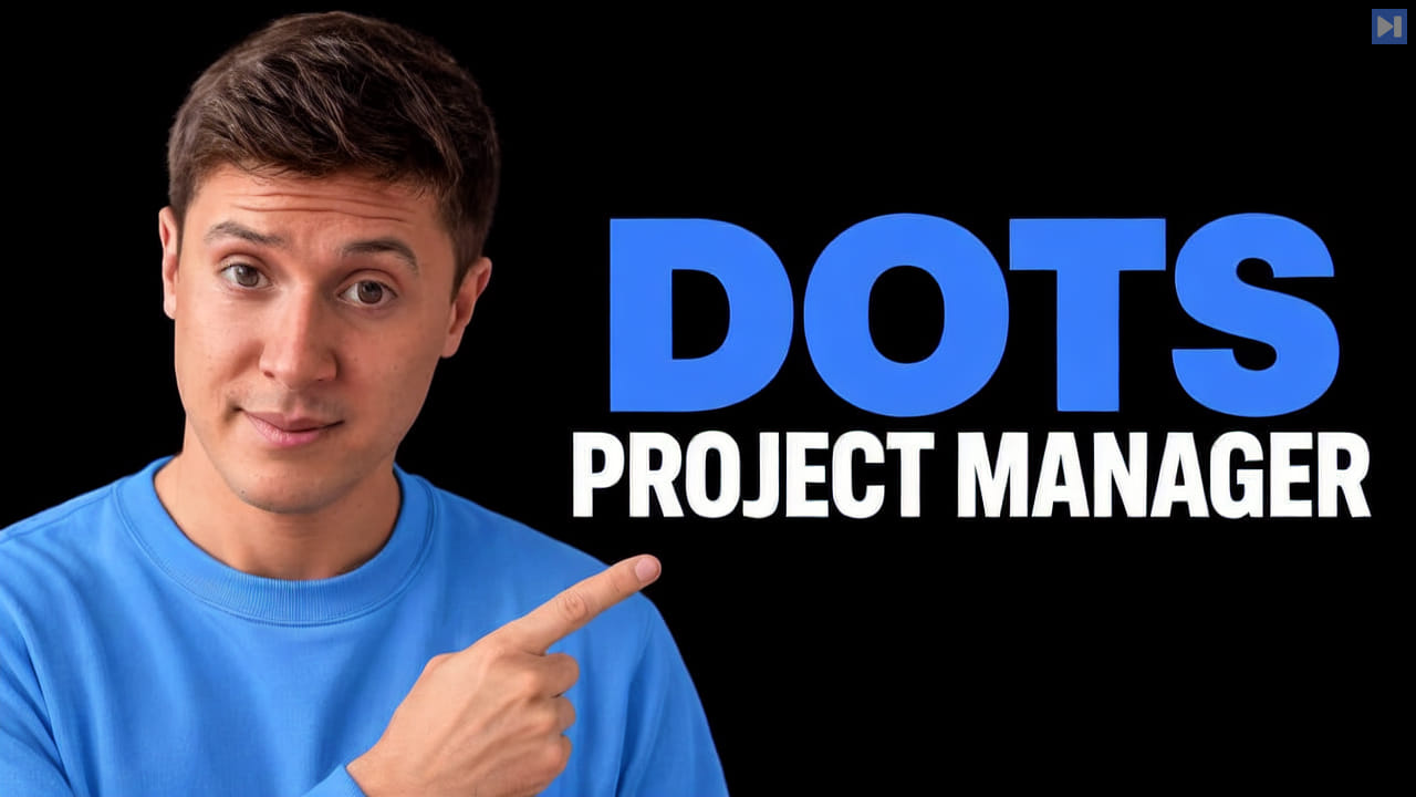 Alex Finn beside the blue and white headline DOTS PROJECT MANAGER on a black background.