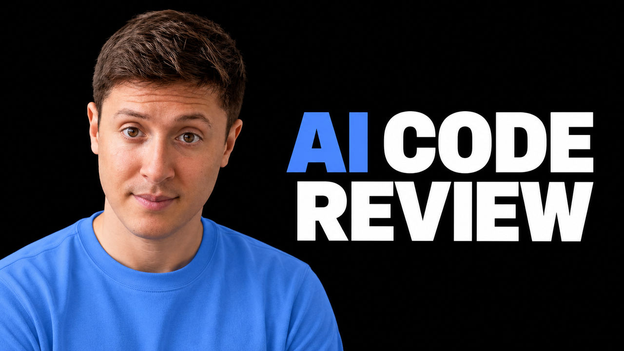 Alex Finn in a blue top against a black background beside the blue-and-white headline "AI CODE REVIEW".