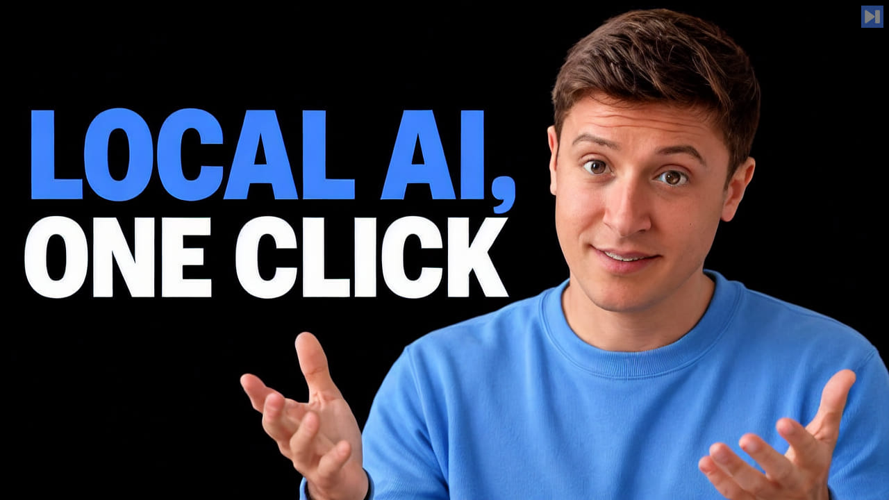 Alex Finn in a blue shirt gestures beside the blue and white headline Local AI, One Click on black.