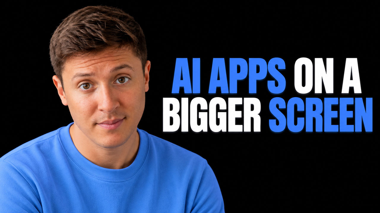 Alex Finn in a plain blue top against black beside the white and blue headline 'AI APPS ON A BIGGER SCREEN'.