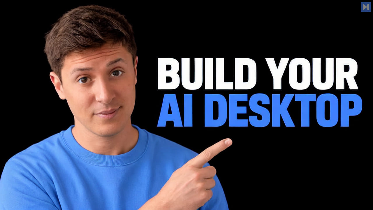 Alex Finn points toward the white and blue headline “BUILD YOUR AI DESKTOP” on a black background.