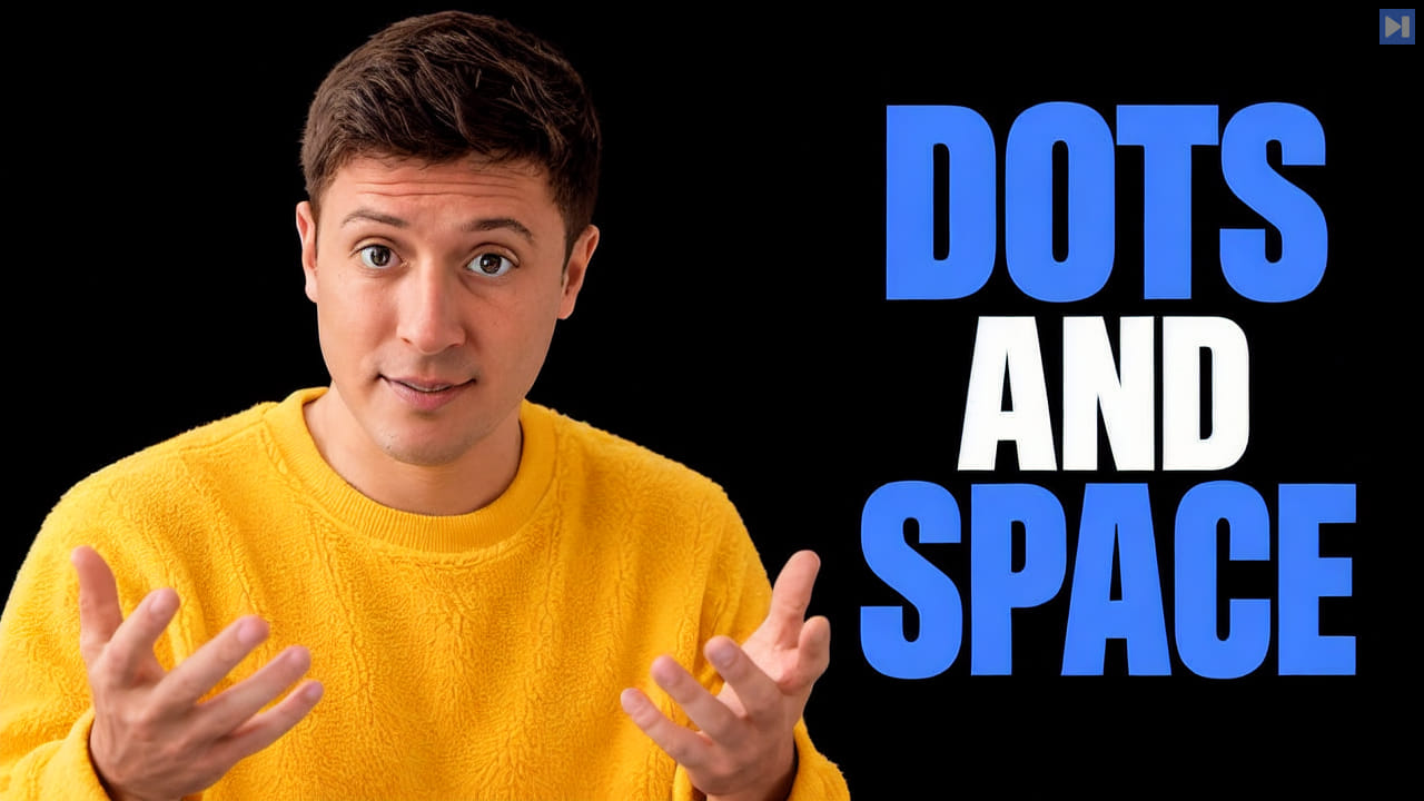 Alex Finn in a fuzzy yellow plush top with raised open hands beside the blue and white headline 'DOTS AND SPACE' on black.