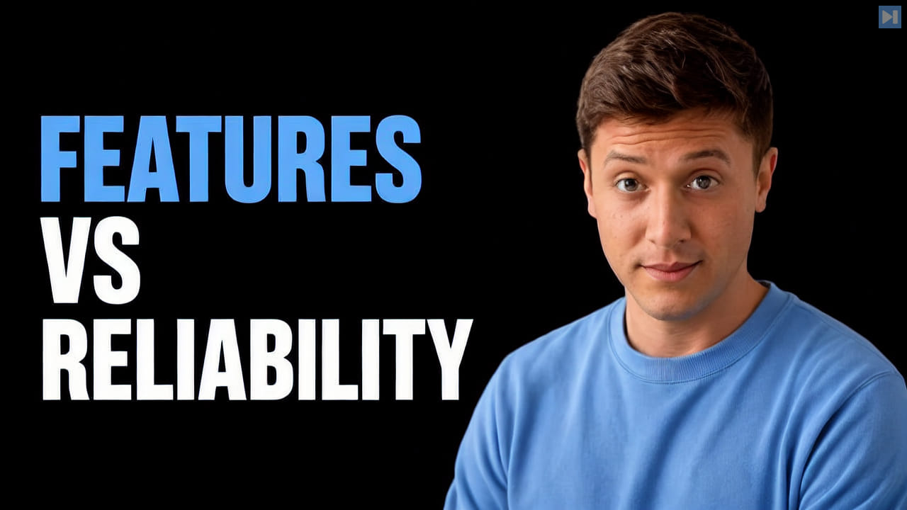 Alex Finn in a blue T-shirt beside FEATURES VS RELIABILITY in blue and white on a black background.