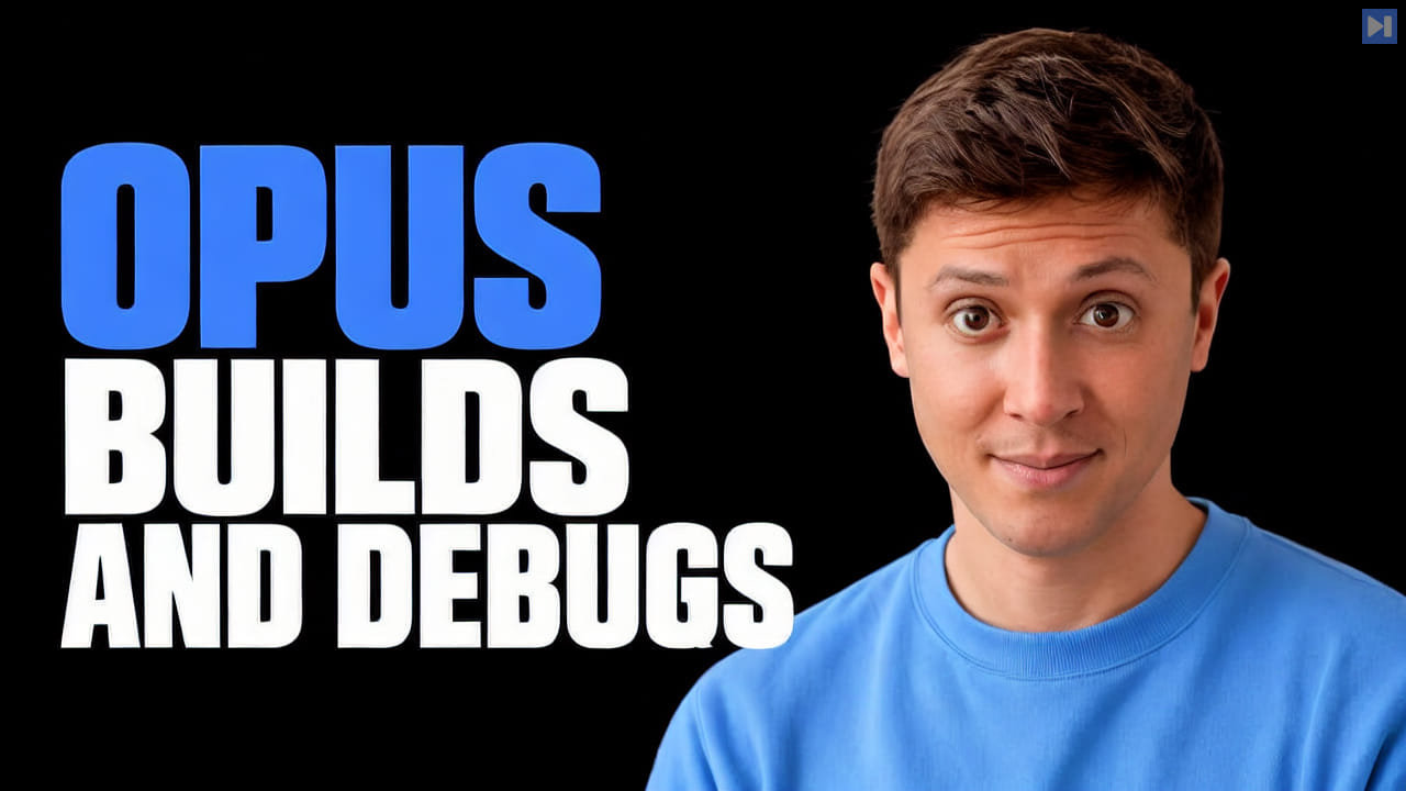 Alex Finn in a blue top beside the blue and white headline 'OPUS BUILDS AND DEBUGS' on black.