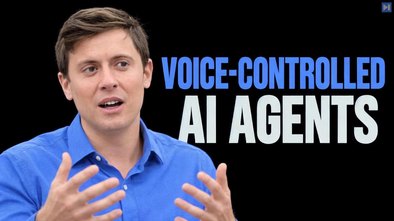 Alex Finn in a blue shirt gesturing with both hands beside “VOICE-CONTROLLED AI AGENTS” on a black background.