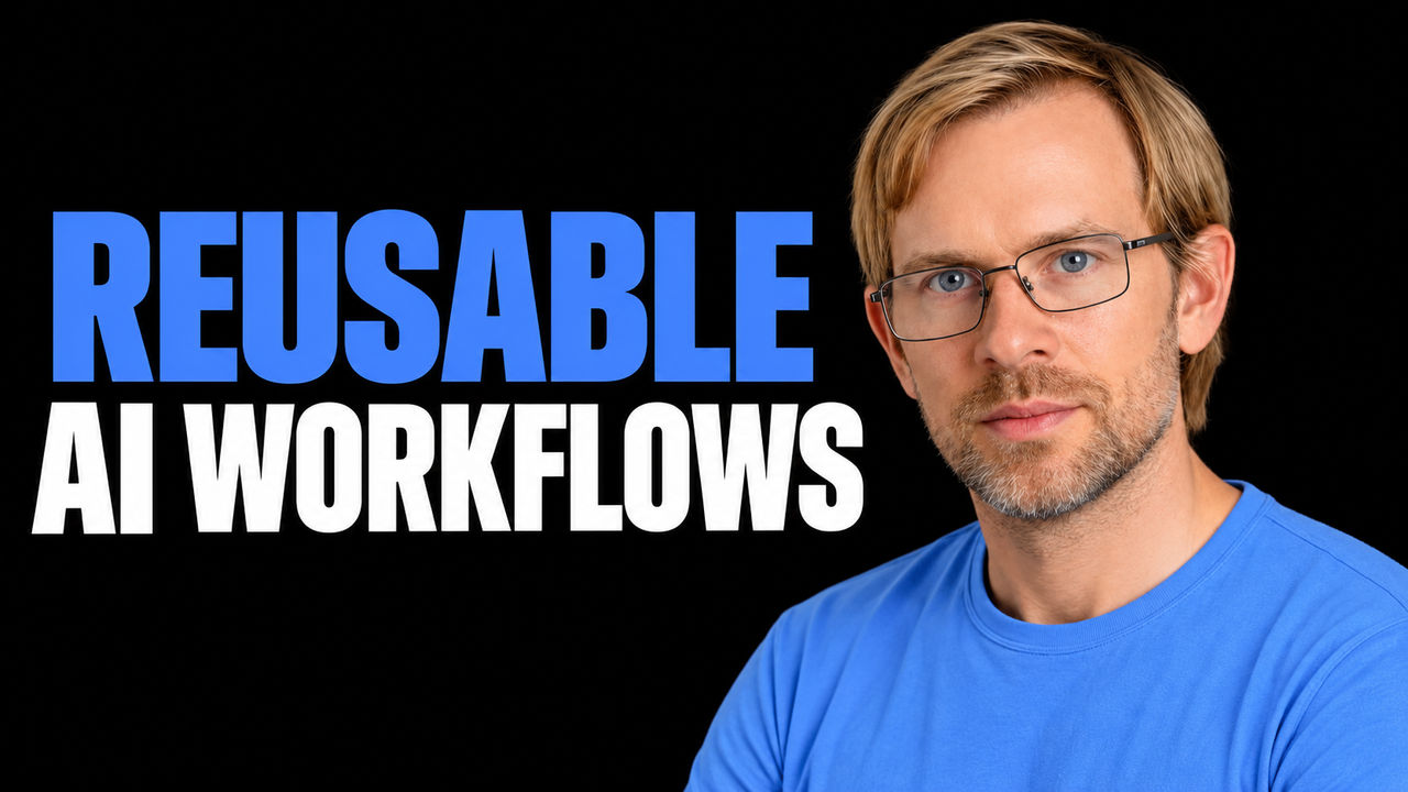 Alex Kerss in a plain blue top against black beside the white and blue headline 'REUSABLE AI WORKFLOWS'.