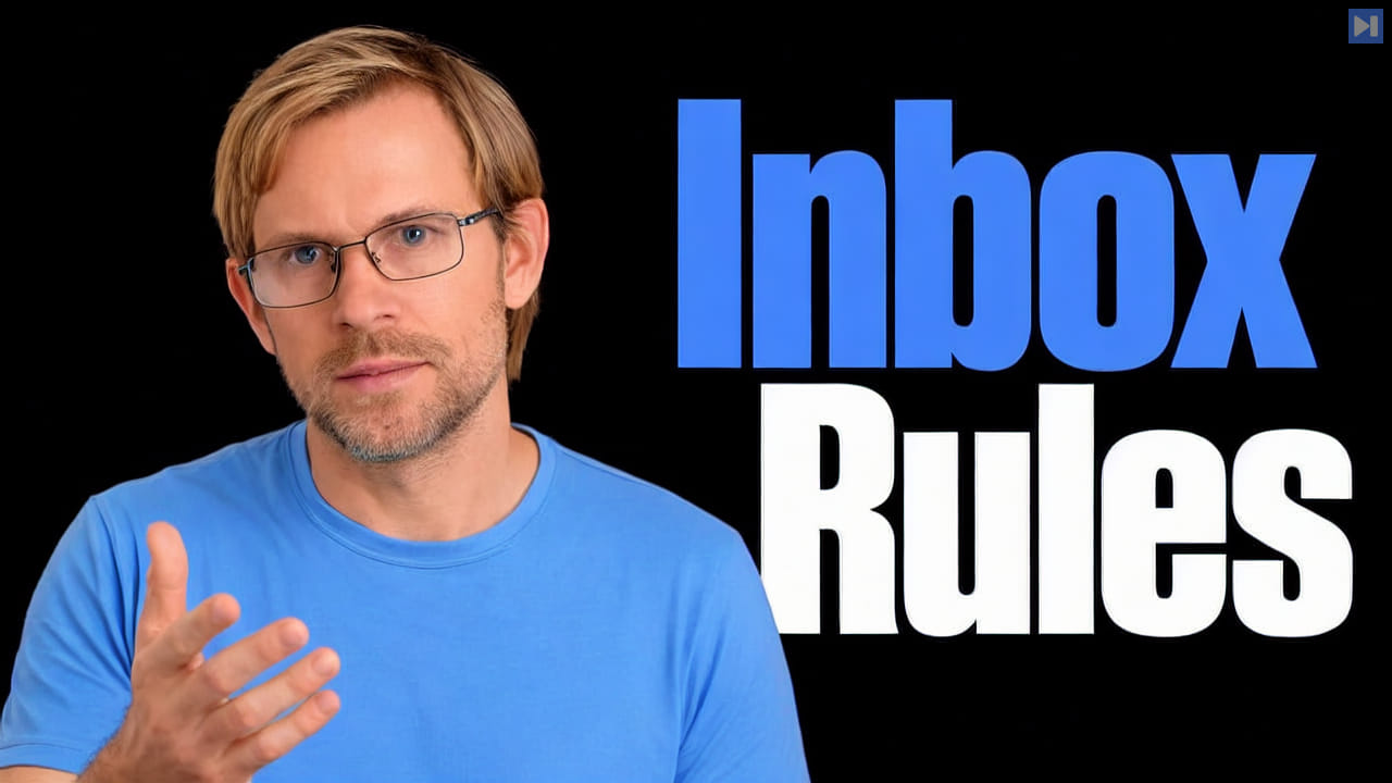 Alex Kerss in a blue top gestures with an open hand beside the blue and white headline Inbox Rules on a black background.