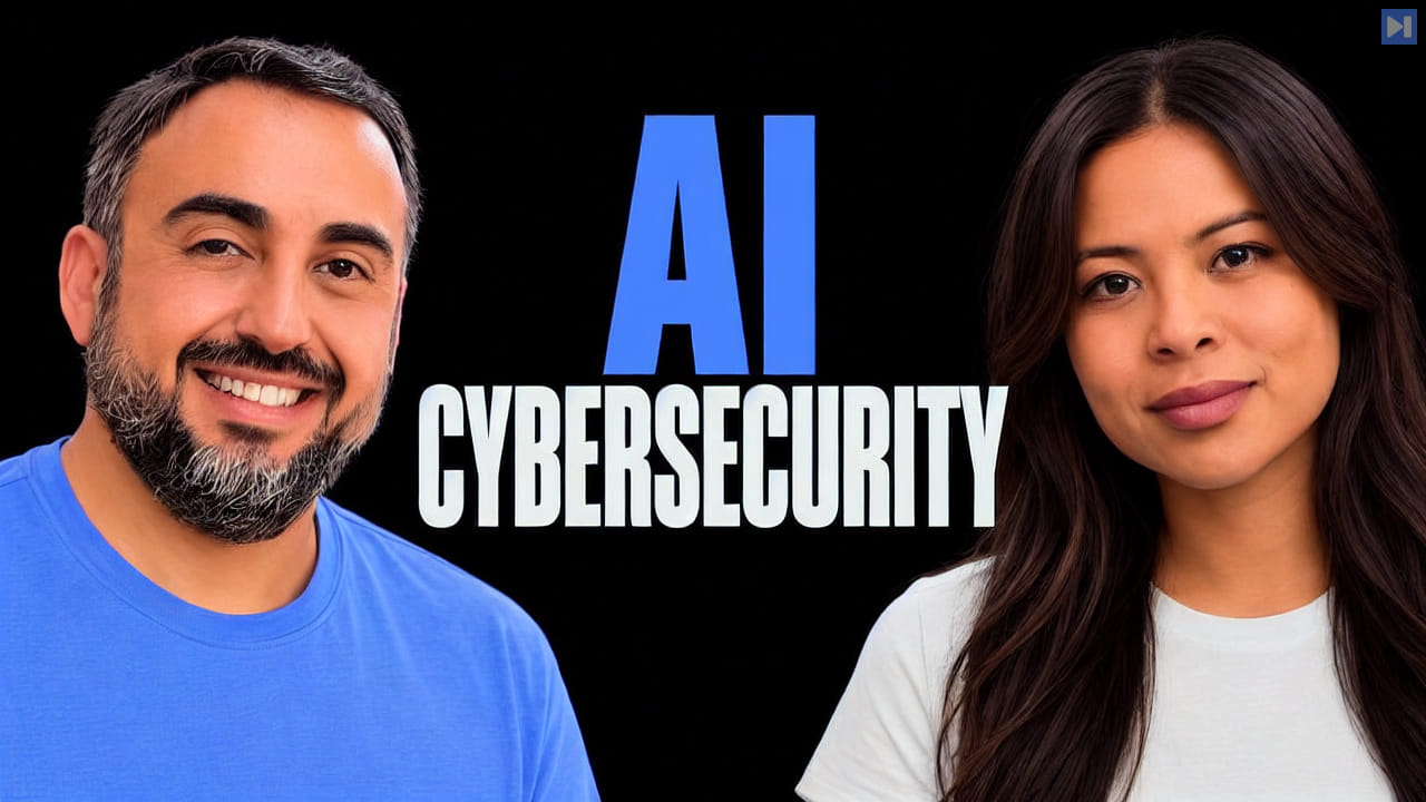 Alex Stamos in a blue T-shirt and Sophia Dew in an off-white T-shirt beside the words AI CYBERSECURITY on black.