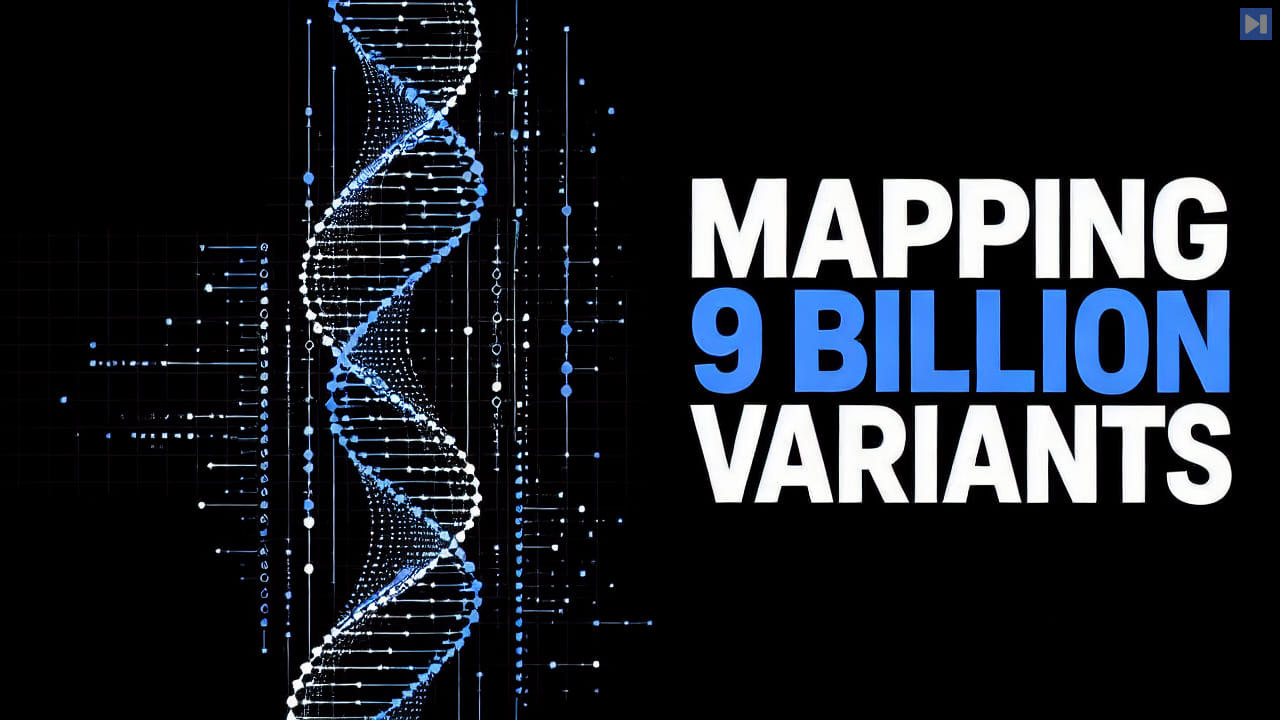 Stylized DNA sequence map with highlighted variant-impact signals and an AI analysis grid on a black background.