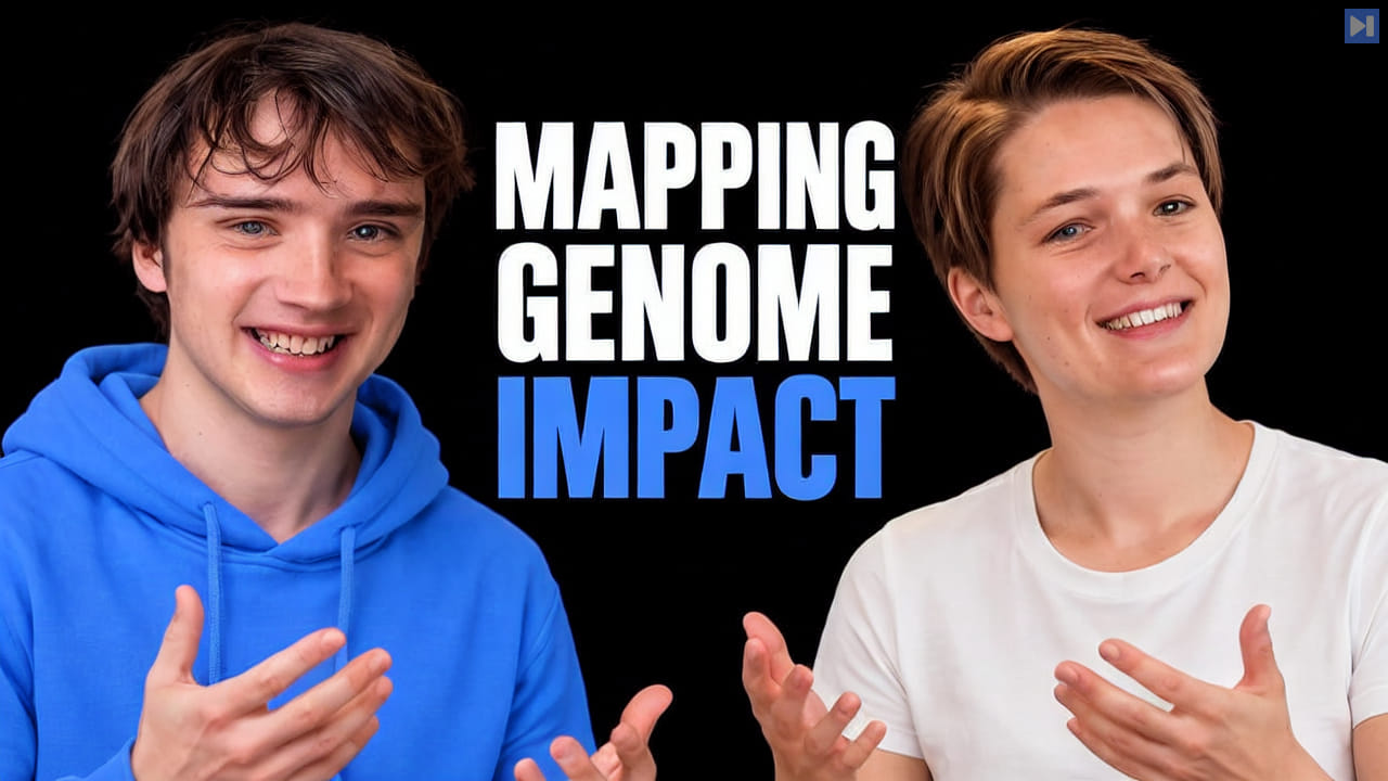 Gareth Hawks and Sam Bryan beside a glowing human genome sequence and a visualization of variant impact scores.