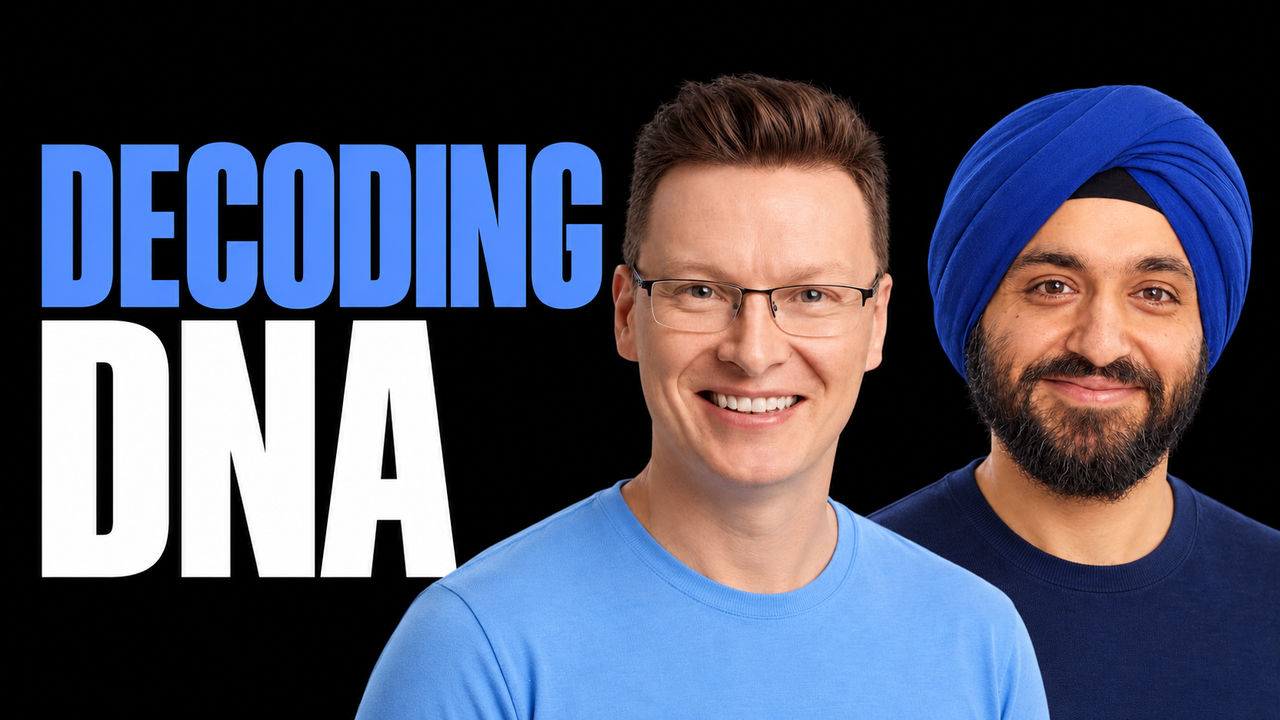 Károly Zsolnai-Fehér and Pushmeet Kohli beside the words Decoding DNA on a black background.
