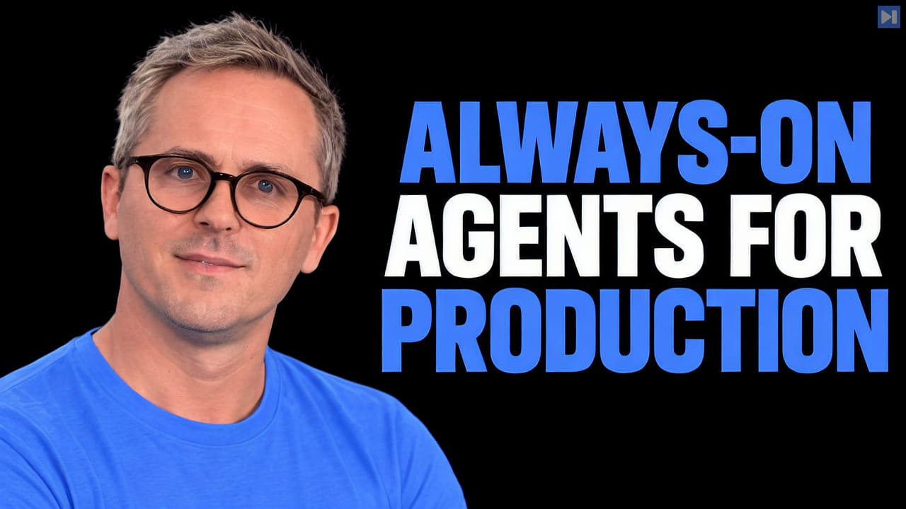 Justin Smith beside the headline ALWAYS-ON AGENTS FOR PRODUCTION on a pure black background.
