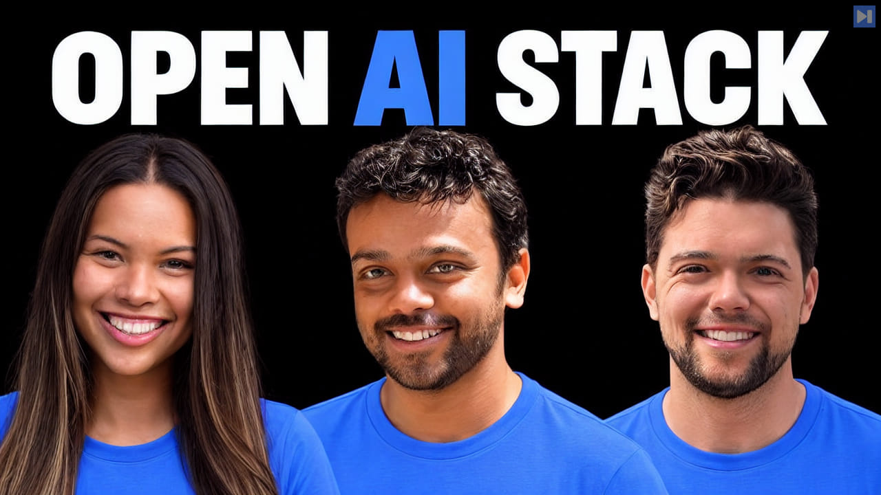 Sophia Dew, Anush Elangovan and Quentin Anthony from left to right in blue tops under the white and blue headline OPEN AI STACK on black.