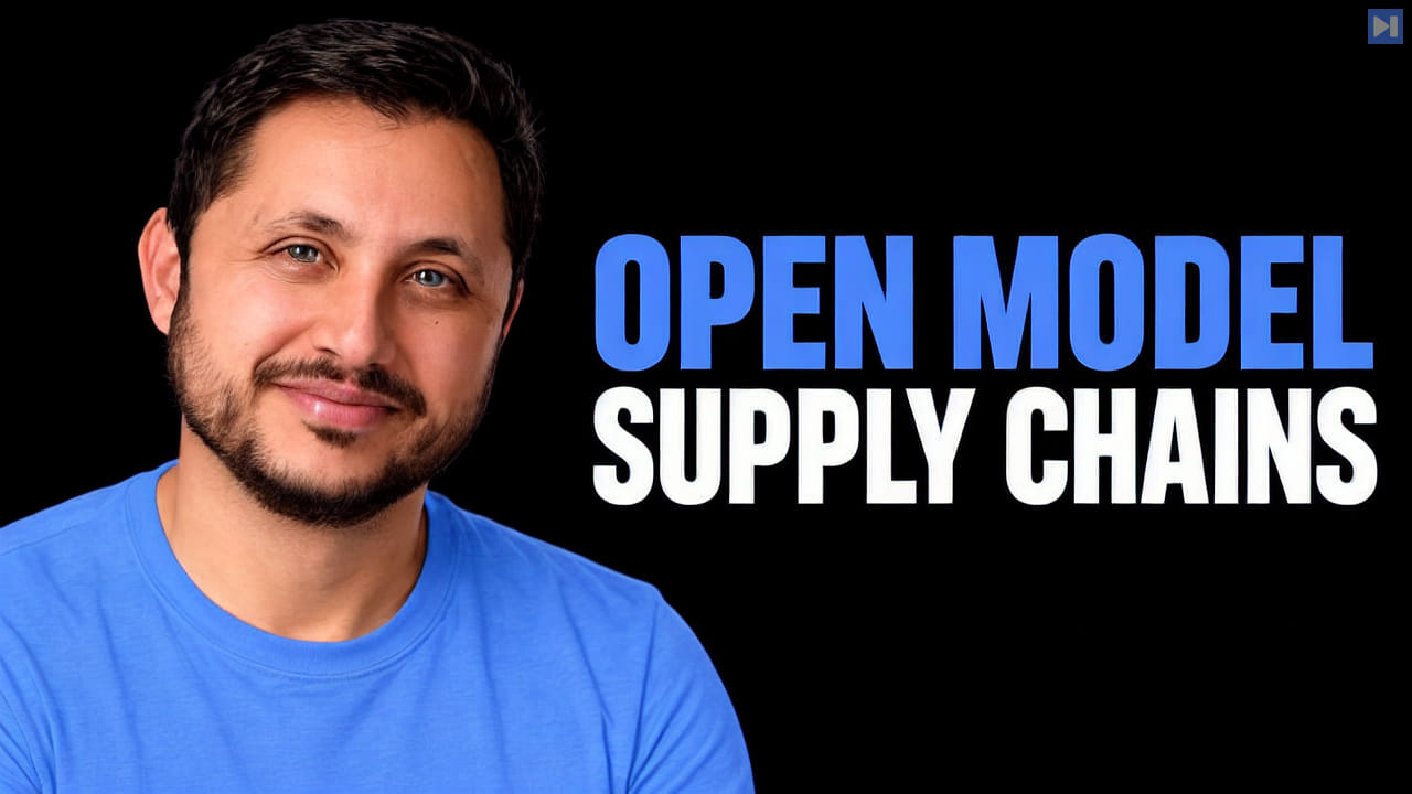 Anastasios Angelopoulos in a light blue top beside the blue-and-white headline ‘OPEN MODEL SUPPLY CHAINS’ on a black background.