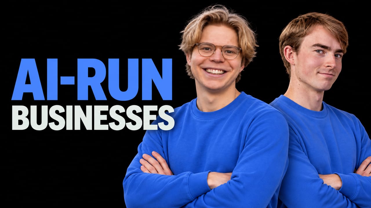 Lukas Petersson and Axel Backlund stand with folded arms beside the blue and off-white AI-RUN BUSINESSES headline on black.
