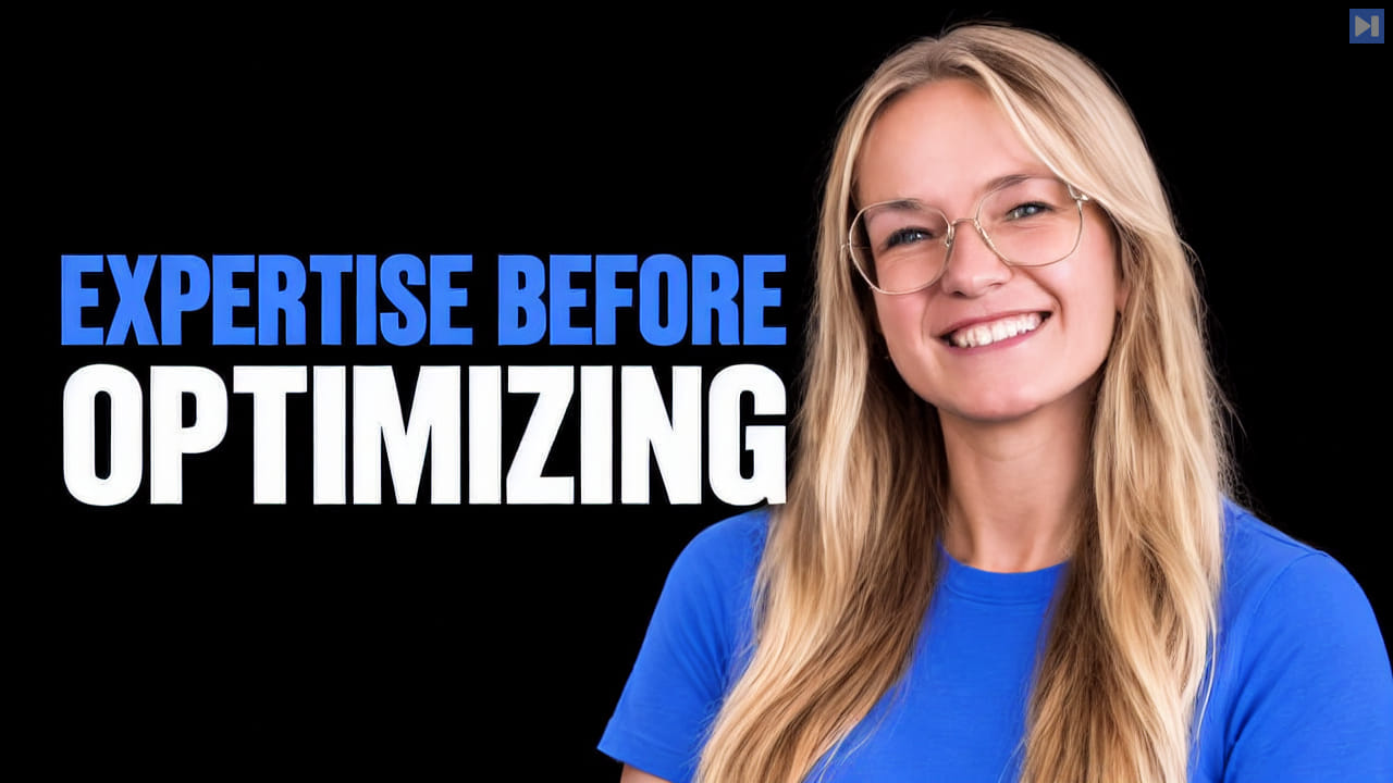 Annabell Schäfer in a photographic portrait on black beside the blue-and-white headline “EXPERTISE BEFORE OPTIMIZING”.
