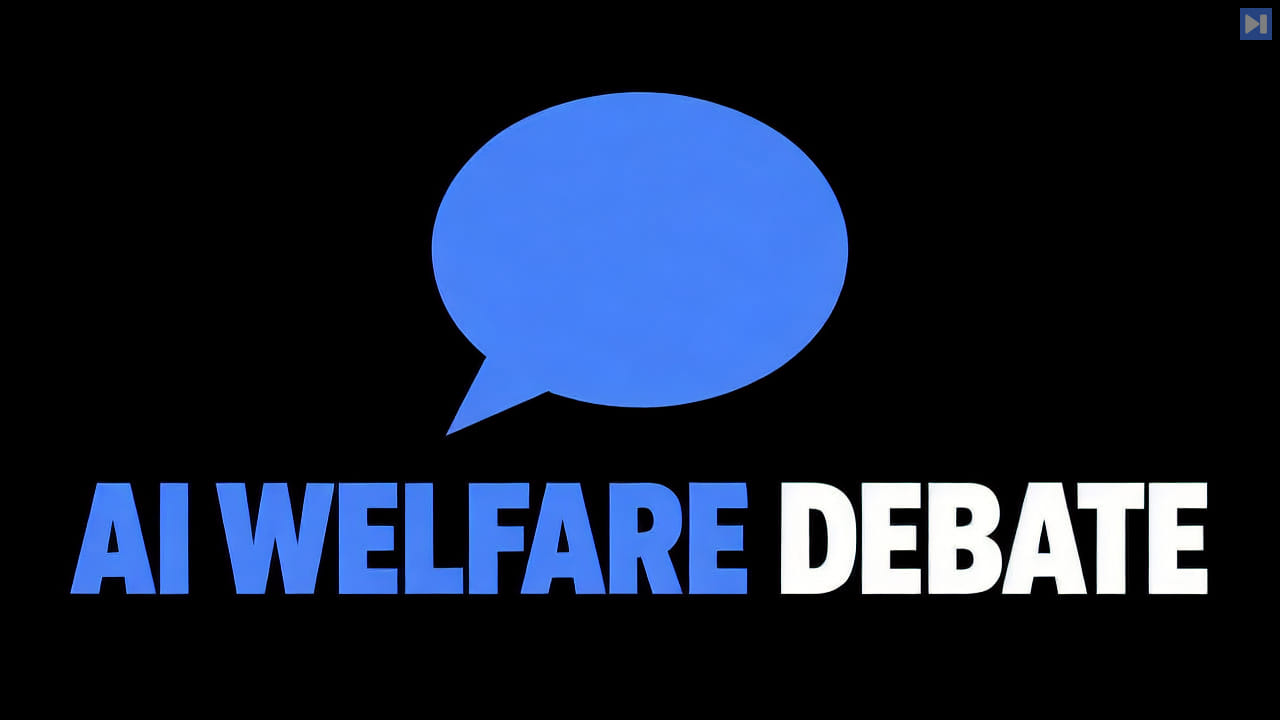 AI WELFARE DEBATE in blue and white beside a blue speech bubble on black.