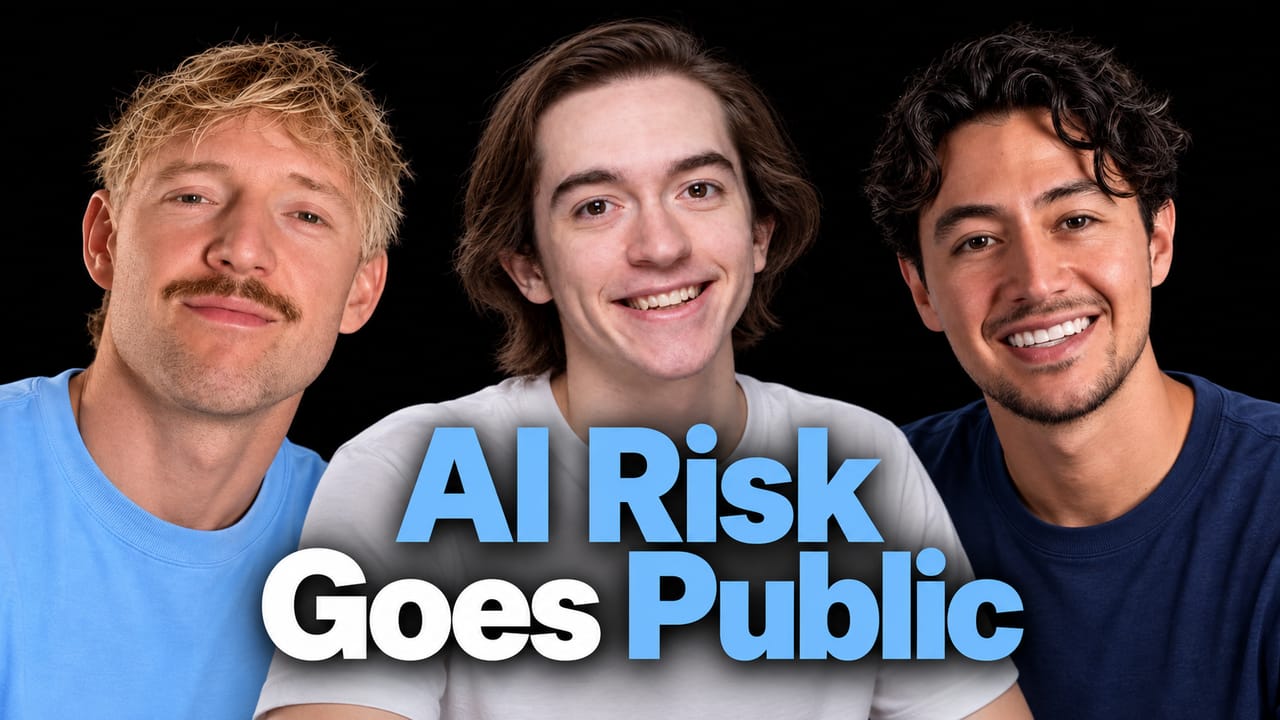 Portraits of Jack Roberts, Nick Saraev and Evan Hubinger with the headline AI Risk Goes Public.