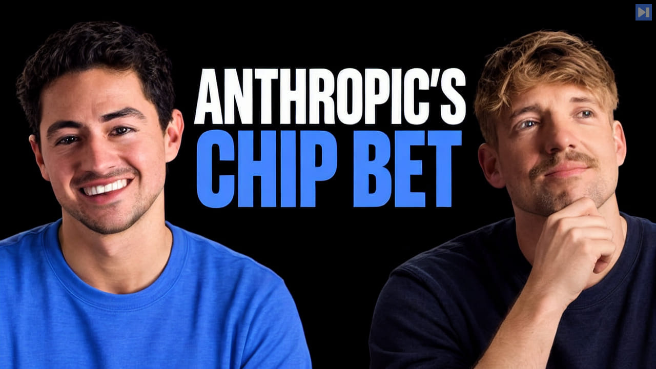 Nick Saraev in a blue shirt and Jack Roberts in a dark shirt flank the white-and-blue headline “Anthropic's Chip Bet” on black.