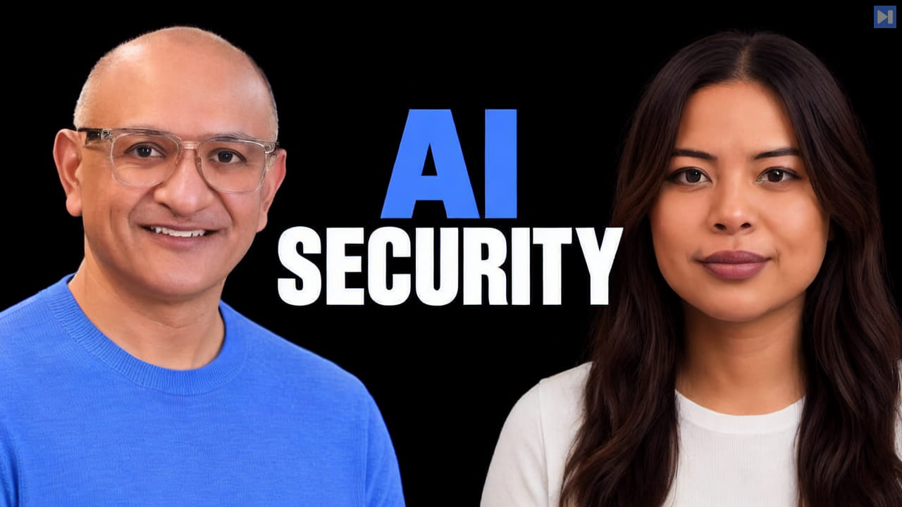 Jeetu Patel in a blue top and Sophia Dew in an off-white top beside the blue AI and white SECURITY headline against a black background.