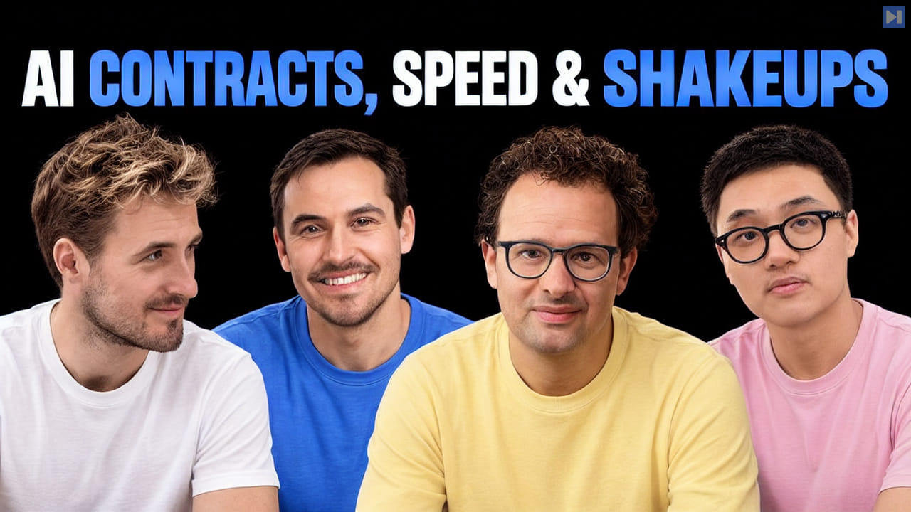 Pierce Freeman, Richard Diehl Martinez, Dario Amodei and Junyang Lin in white, blue, yellow and pink tops beneath "AI CONTRACTS, SPEED & SHAKEUPS" in blue and white on black.
