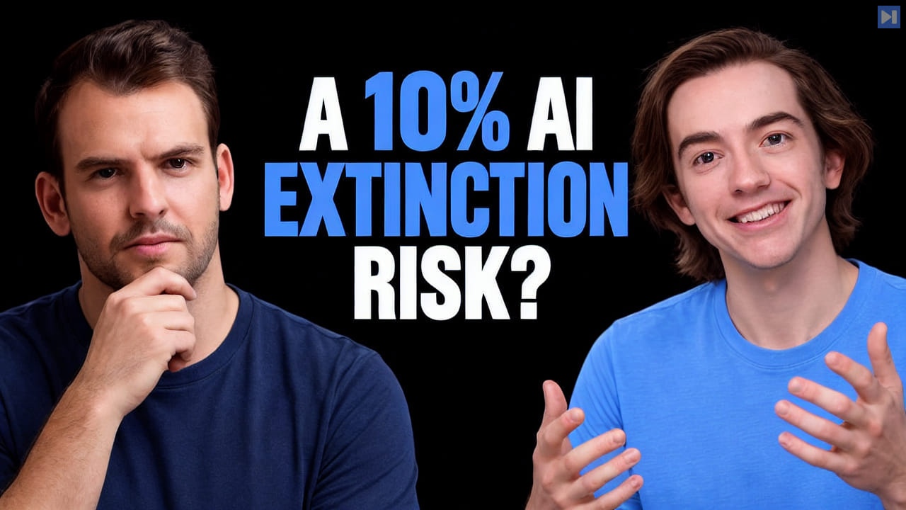 Nathaniel Whittemore in a dark-blue shirt and Evan Hubinger in an attention-blue shirt on a black background beside the headline ‘A 10% AI EXTINCTION RISK?’.