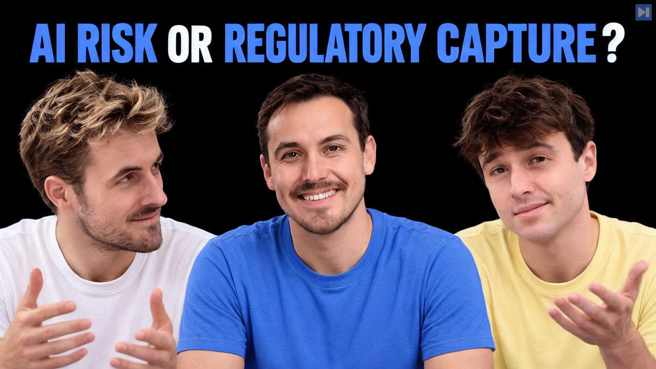 Pierce Freeman, Richard Diehl Martinez and Jacob Coxon in white, blue and yellow tops beneath "AI RISK OR REGULATORY CAPTURE?" in blue and white on black.