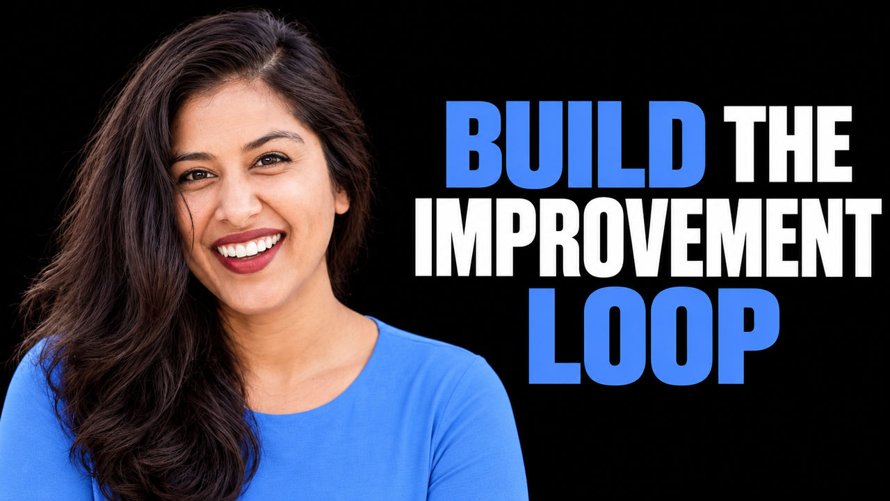 Aparna Dhinakaran in a plain blue top against black beside the white and blue headline 'BUILD THE IMPROVEMENT LOOP'.