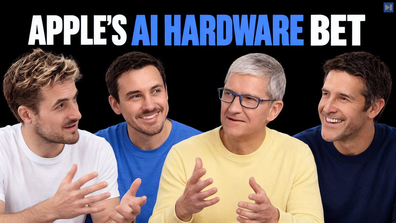 Pierce Freeman, Richard Diehl Martinez, Tim Cook and John Ternus in white, blue, yellow and navy tops beneath the blue and white headline "APPLE'S AI HARDWARE BET" on black.