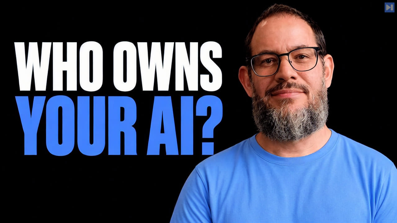 Nate B Jones in a plain blue T-shirt beside the headline Who Owns Your AI? on a pure black background.