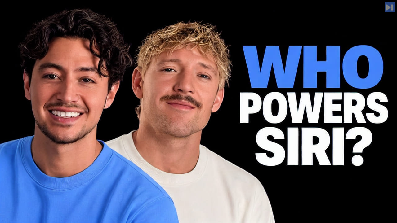 Nick Saraev, Jack Roberts against a black background beside the blue and white headline "WHO POWERS SIRI?".