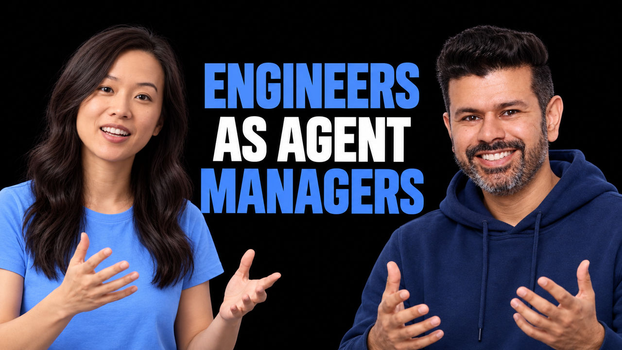 Lauren Tan and Roshan Sadanani beside the headline Engineers as Agent Managers on a black background.