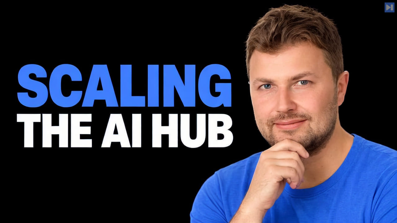 Arek Borucki in a blue top beside the blue and white headline SCALING THE AI HUB on black.