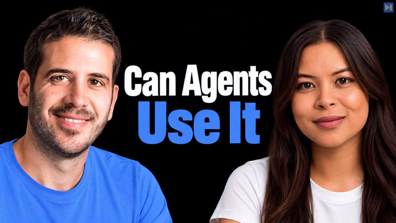 Assaf Elovic in blue and Sophia Dew in white frame the white and blue headline Can Agents Use It on a pure black background.