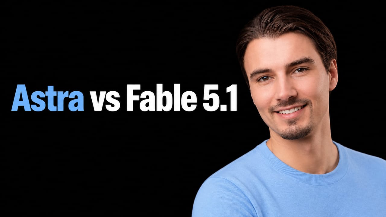 Igor Pogany beside the headline Astra vs Fable 5.1 in blue and white.