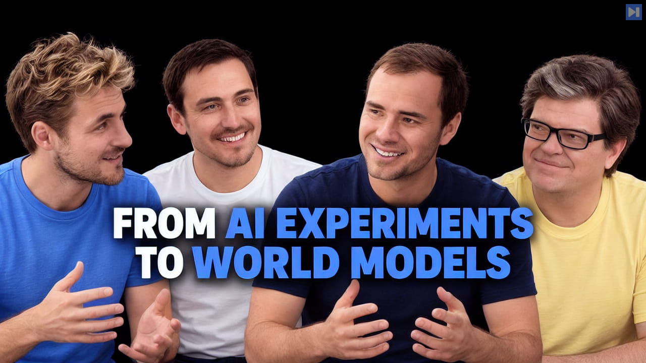 Pierce Freeman, Richard Diehl Martinez, Andrej Karpathy and Yann LeCun above the blue and white headline "FROM AI EXPERIMENTS TO WORLD MODELS" on black.