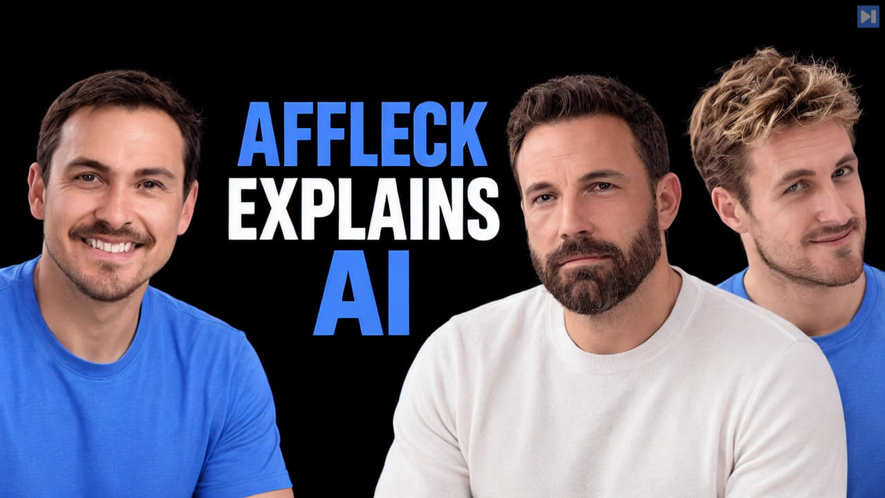 Richard Diehl Martinez, Ben Affleck and Pierce Freeman beside the blue and white headline AFFLECK EXPLAINS AI on a black background.