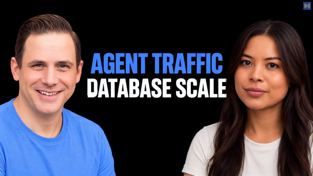 Ben Cefalo in blue and Sophia Dew in off-white flank the blue and white “AGENT TRAFFIC DATABASE SCALE” headline on black.