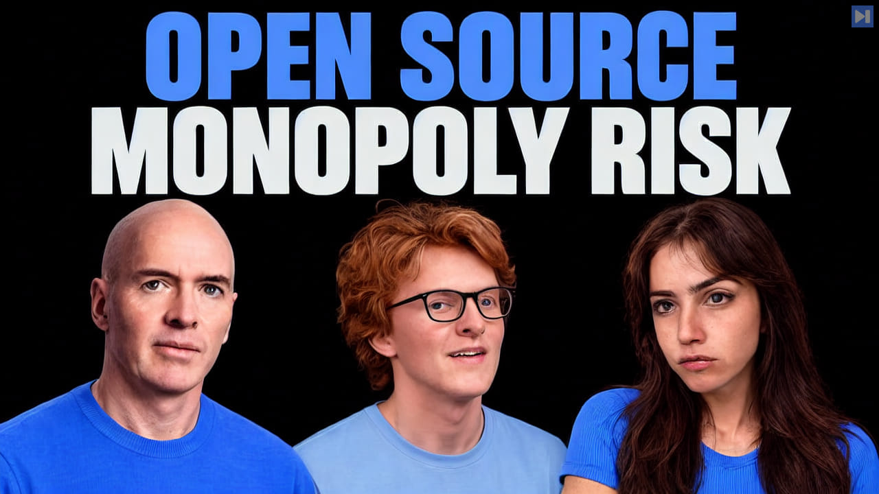 Ben Horowitz, Theo Jaffee and Sofia Puccini below blue “OPEN SOURCE” and white “MONOPOLY RISK” on black.