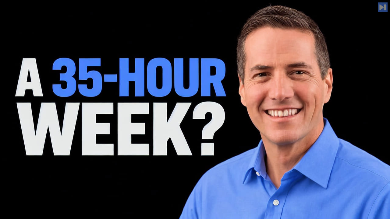 Bernie Moreno in a blue shirt smiles beside the white and blue headline A 35-HOUR WEEK? on black.